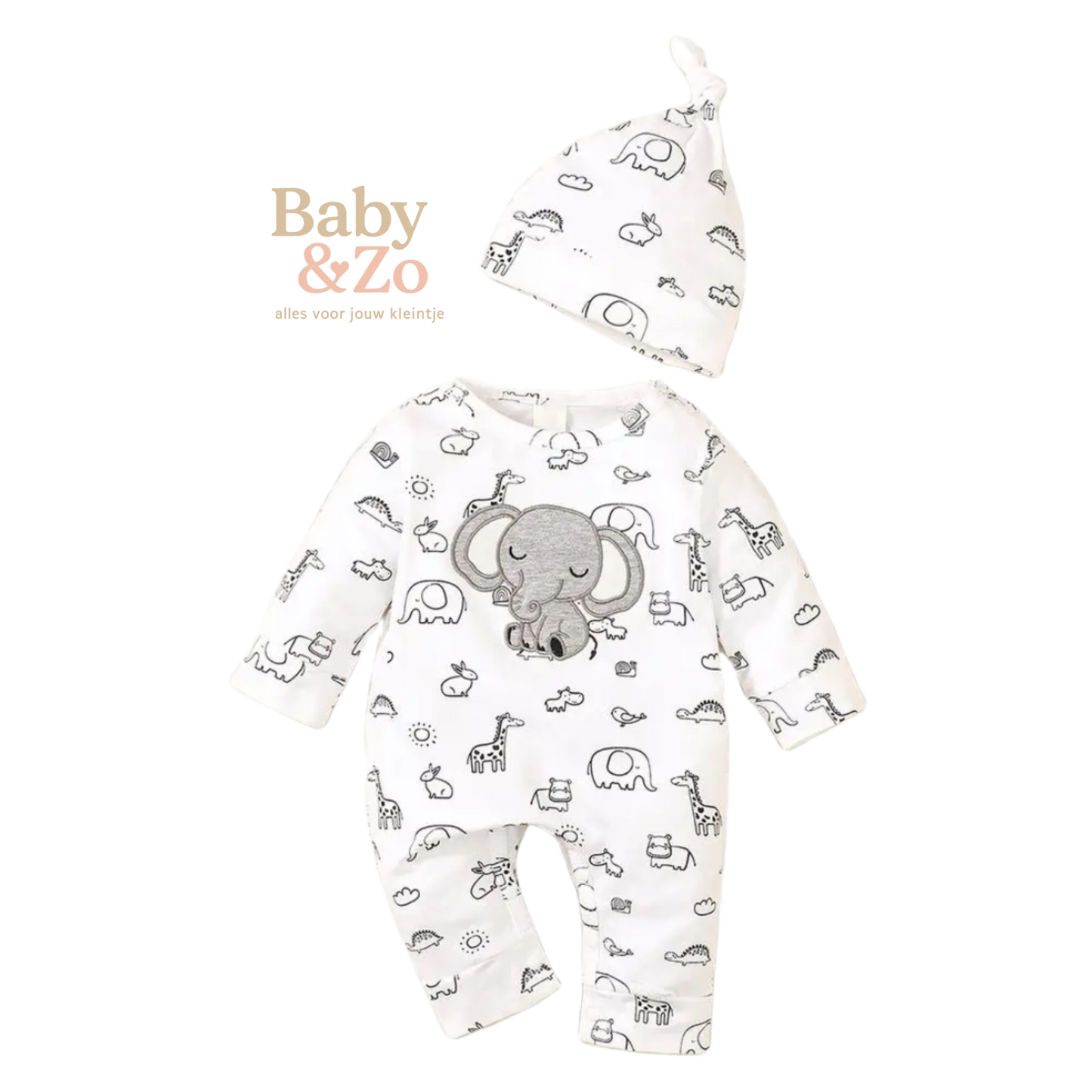 Baby Boxpakje met Lange Mouwen En Mutsje | Zachte Katoenmix | Dierenprint | Herfst/Lente Outfit | 0-6 Maanden