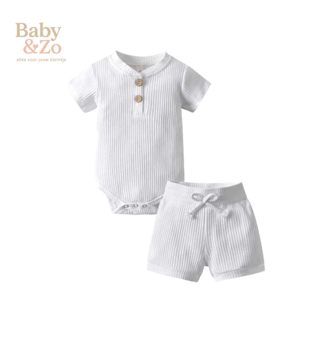 Zomerse Babyset | Gebreide Romper & Shorts | Zacht Katoen 0‑12 mnd