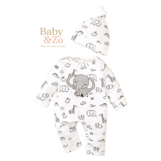 🐾 Baby Romper met Mutsje Dierenprint 0-6 maanden
