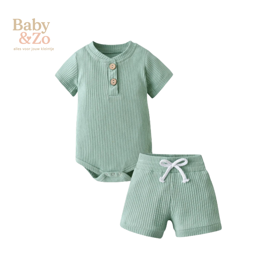Zomerse Babyset | Gebreide Romper & Shorts | Zacht Katoen 0‑12 mnd