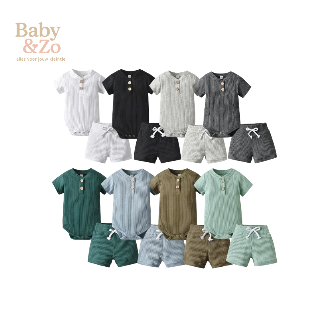 Zomerse Babyset | Gebreide Romper & Shorts | Zacht Katoen 0‑12 mnd