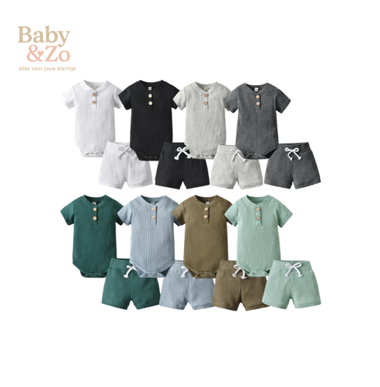 👶 Zomerse Baby Kleding set  Gebreide Romper & Shorts 🌿