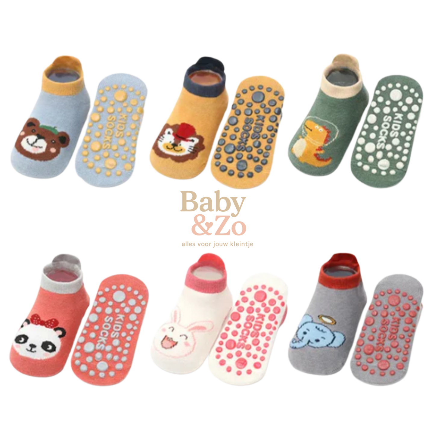 6 Paar Kindersokken met Dierenprint | Antislip | Ademend & Stretchy | Voor Baby’s & Peuters (0-6 Jaar)