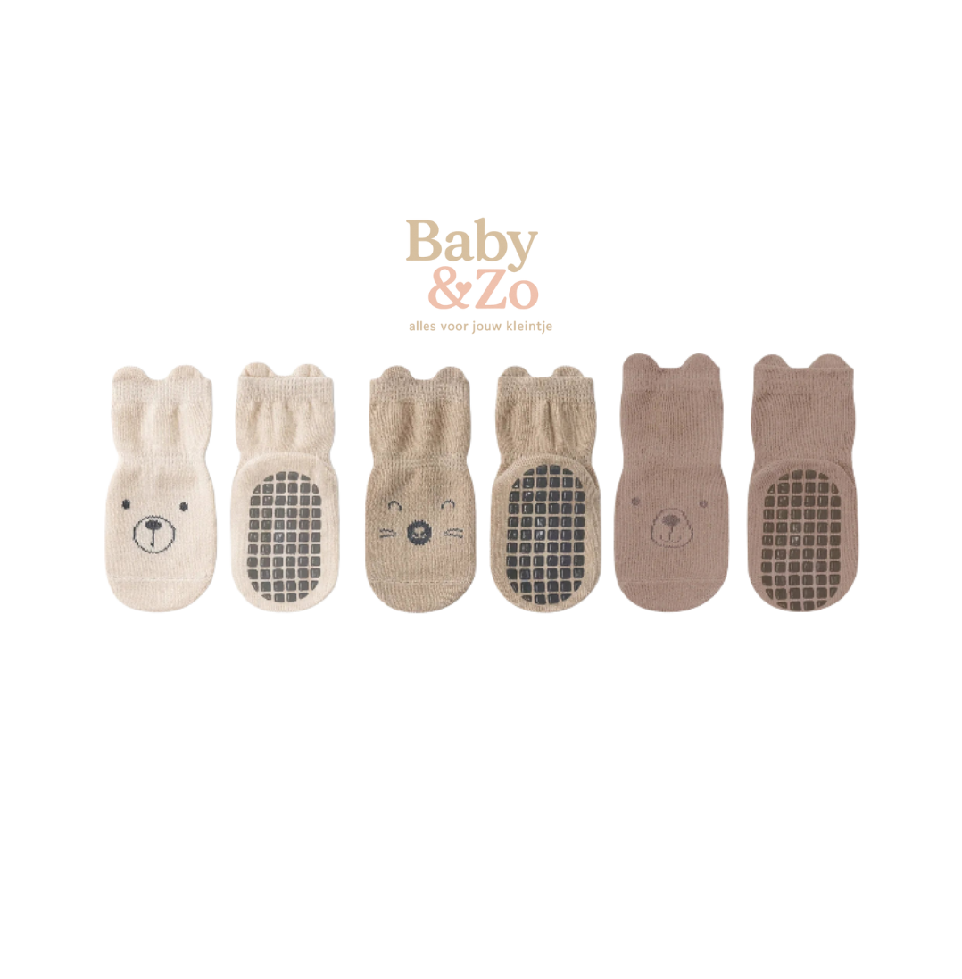 Set van 3 Antislip Sokken voor Baby’s & Peuters | Rubberen Zool | Ademend Katoen | Maten 0–5 Jaar