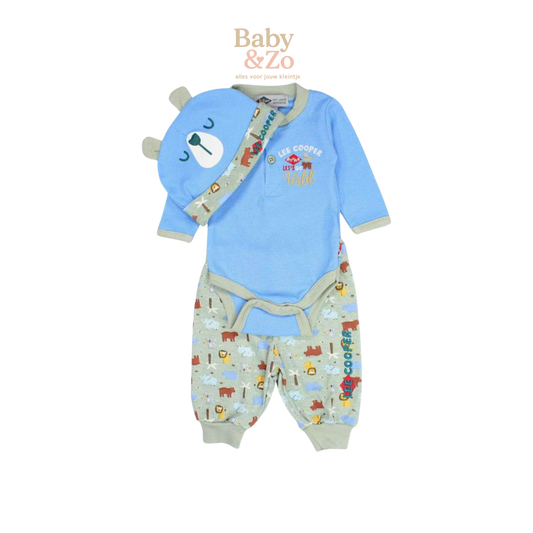 Lee Cooper 3 delig Babysetje Romper, Broekje & Blauwe Beertjes Muts Dierenprint