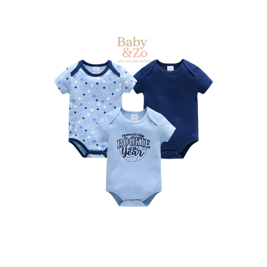 3x Baby Rompertje Jongen | Zomer Bodysuits Katoen | Wit, Blauw & Beige | 0-12 Maanden