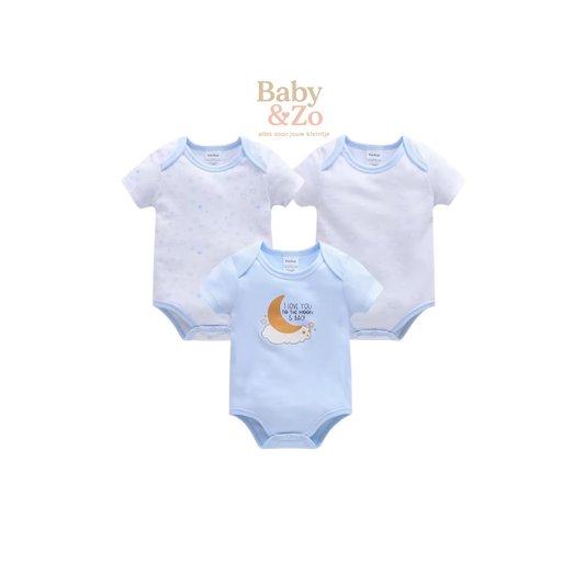 3x Baby Rompertje Jongen | Zomer Bodysuits Katoen | Wit, Blauw & Beige | 0-12 Maanden