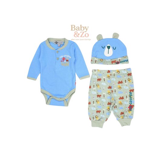 Lee Cooper 3 delig Babysetje Romper, Broekje & Blauwe Beertjes Muts Dierenprint